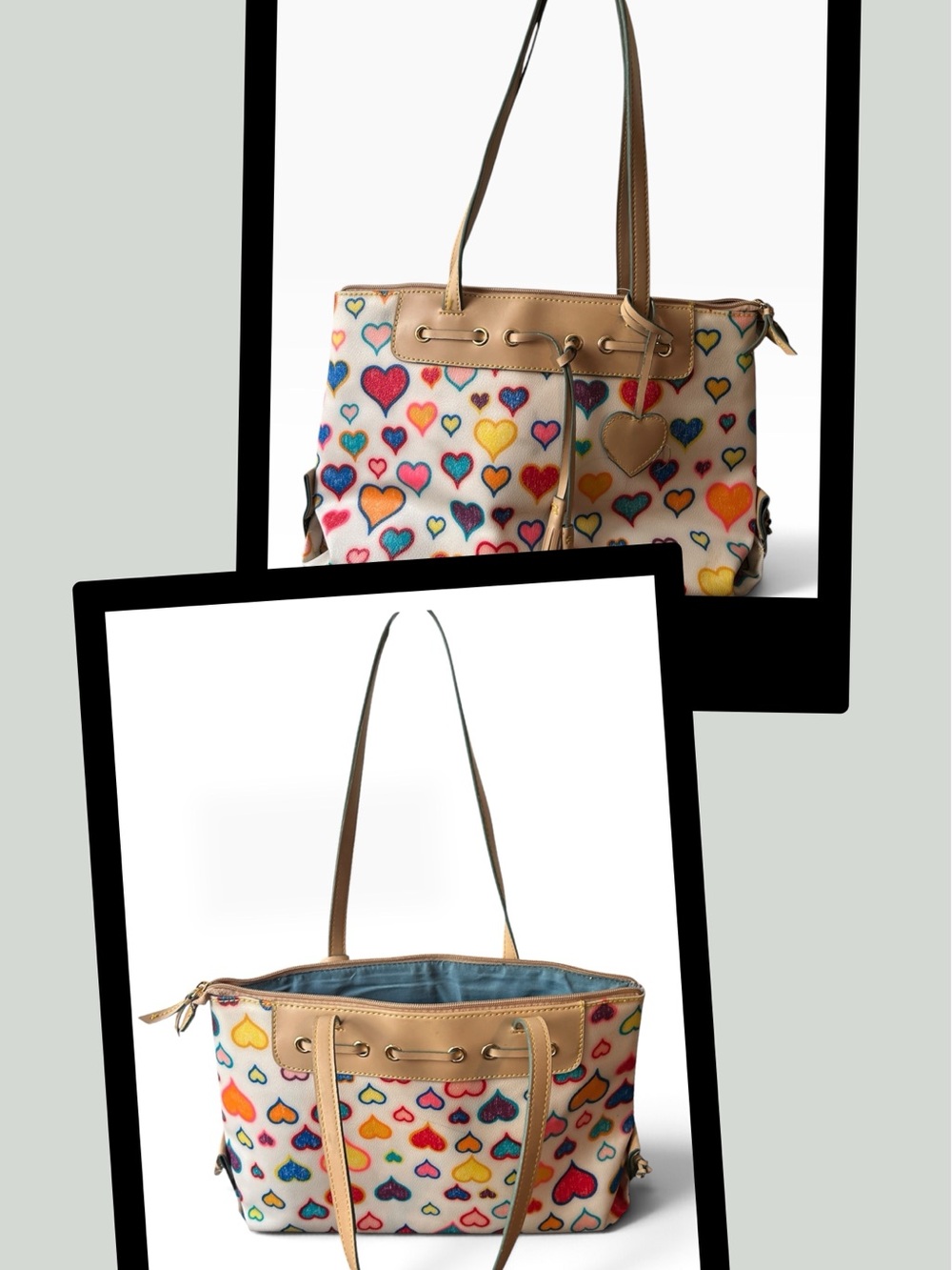 Heart-Print Tote Bag in Multicolor and Tan - wWomen Bags